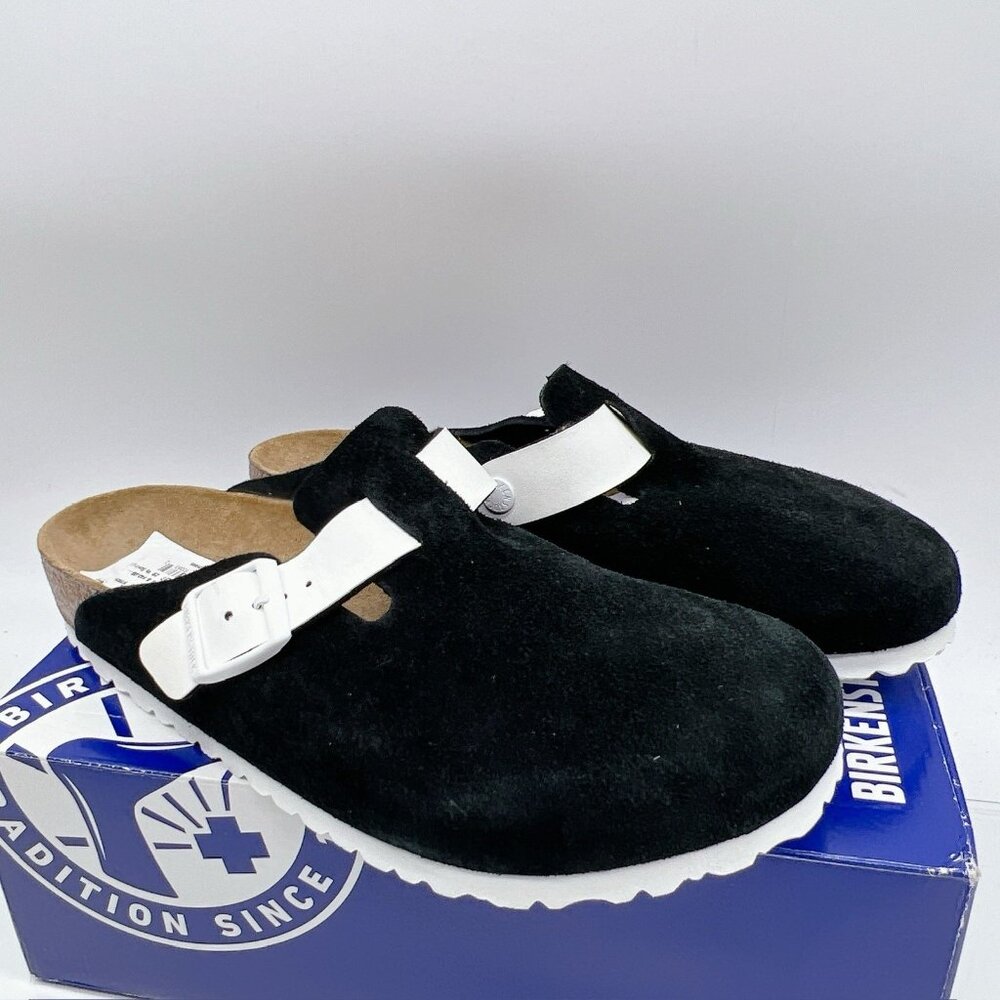 Birkenstock Boston Clog Suede Leather/ Birko-Flor Black White EU 42 Mens 9- 9.5 - Picture 4 of 12